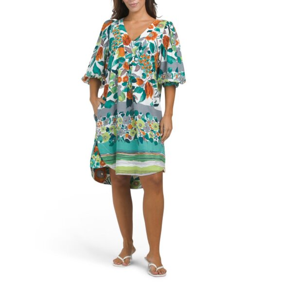 FORCYNTHIA Green Multi Linen Blend Puff Sleeve Printed Mini Dress - Picture 1 of 2